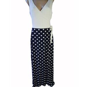 Gilli Womens White Navy Polka Dot Surplice Maxi Dress Sleeveless Size L USA